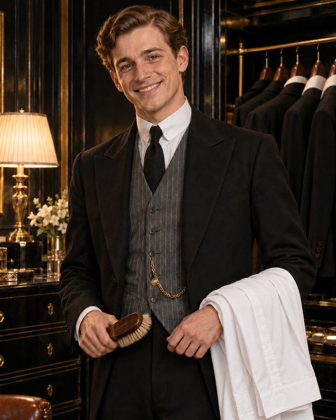 Arthur, the Hartleys' youngest son and the valet, smiling, with a clothes brush and a white cotton shirt draped over his arm