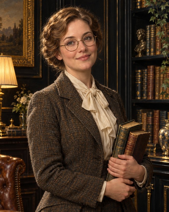 Miss Quill, a bespectacled tutor in a tweed jacket, holding leather-bound books