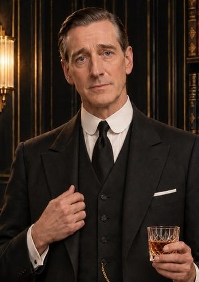 Steward, a tall, slim gentleman's gentleman with slicked-back dark hair, holding a cut-crystal glass