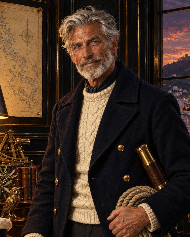 Captain Wren, a weathered silver-haired skipper in a reefer jacket, holding rope and a spyglass, with a bronze owl and olive sprig on his desk